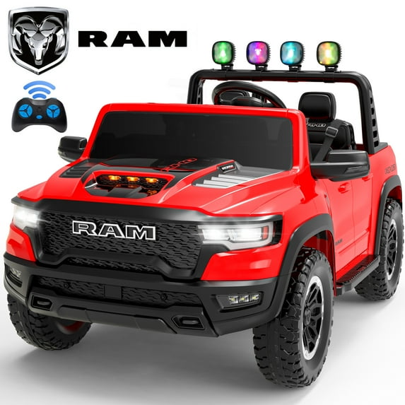 24V 2 Seats Ride On Car for Kids, Licensed RAM RHO 1500 Powered Electric Car with 4 Wheels Spring Suspesion, Ride On Toy for 3-8 Year Boys & Girls with Remote Control, Horm, Siren, LED Lights, Red
