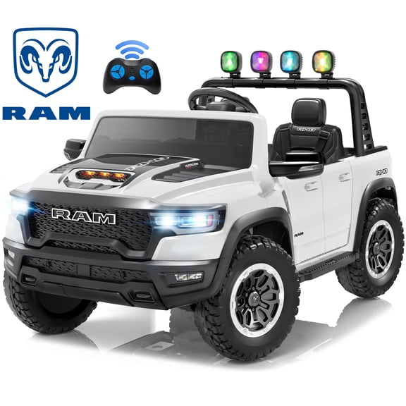 24V 2 Seats Ride On Car for Kids, Licensed RAM RHO 1500 Powered Electric Car with 4 Wheels Spring Suspesion, Ride On Toy for 3-8 Year Boys & Girls with Remote Control, Horm, Siren, LED Lights, White