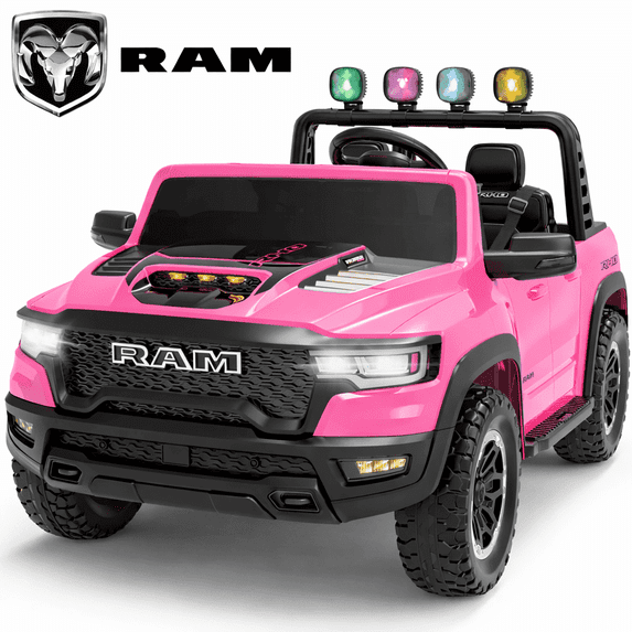 24V 2 Seats Ride On Car for Kids, Licensed RAM RHO 1500 Powered Electric Car with 4 Wheels Spring Suspesion, Ride On Toy for 3-8 Year Boys & Girls with Remote Control, Horm, Siren, LED Lights, Pink