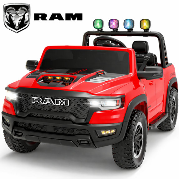 24V 2 Seats Ride On Car for Kids, Licensed RAM RHO 1500 Powered Electric Car with 4 Wheels Spring Suspesion, Ride On Toy for 3-8 Year Boys & Girls with Remote Control, Horm, Siren, LED Lights, Red