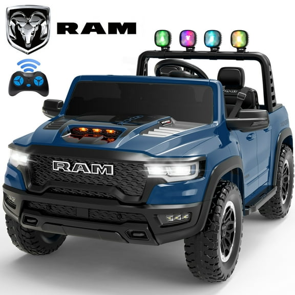 24V 2 Seats Ride On Car for Kids, Licensed RAM RHO 1500 Powered Electric Car with 4 Wheels Spring Suspesion, Ride On Toy for 3-8 Year Boys & Girls with Remote Control, Horm, Siren, LED Lights, Blue