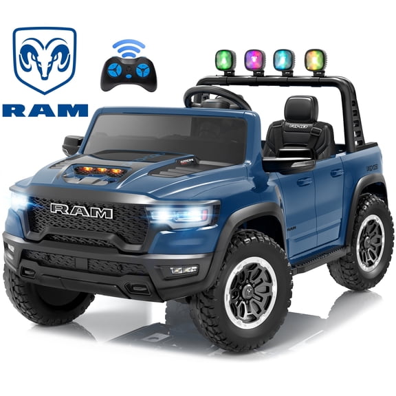 24V 2 Seats Ride On Car for Kids, Licensed RAM RHO 1500 Powered Electric Car with 4 Wheels Spring Suspesion, Ride On Toy for 3-8 Year Boys & Girls with Remote Control, Horm, Siren, LED Lights, Blue