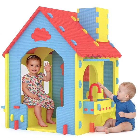 COCLUB Playhouse for Kids Indoor EVA Foam, with Kitchen Playset Playroom Toys for Toddlers 2-4, Indoor Playground for Boys and Girls, Red, Blue and Yellow