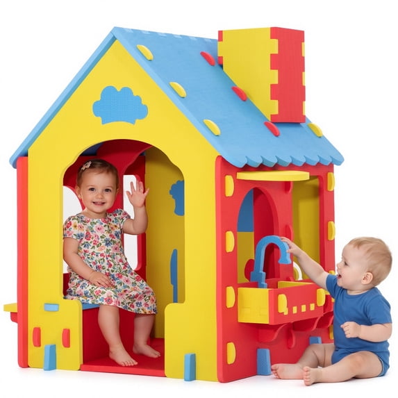 COCLUB Playhouse for Kids Indoor EVA Foam, with Kitchen Playset Playroom Toys for Toddlers 2-4, Indoor Playground for Boys and Girls, Red, Blue and Yellow