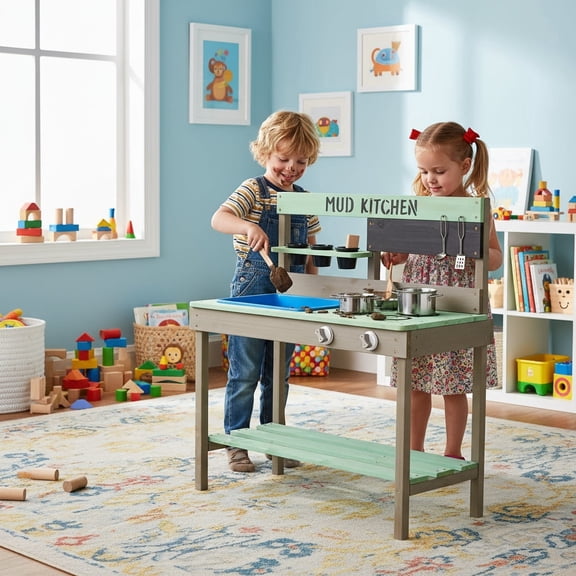 COCLUB Kids Play Kitchen, Wood Kitchen with Water Play Set & Cooking Toys for Outdoor, Wood Toys for Boys Girls