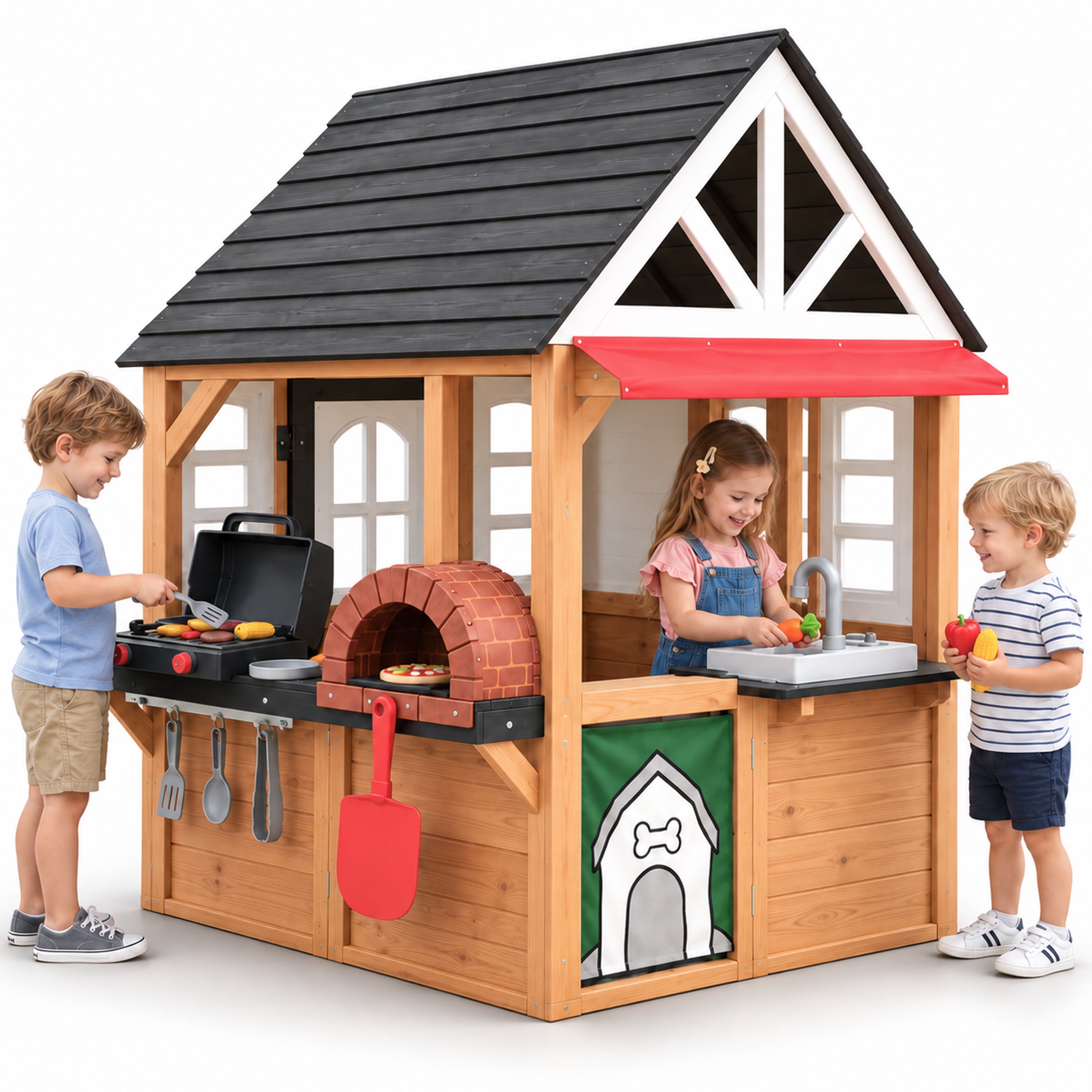 Outdoor Playhouse for Kids, COCLUB Wooden Play House with BBQ Grill, Bread Oven & Play Kitchen, Backyard Playhouse with Doorbell, Pretend Play House Outdoor Toy Gift for Boys and Girls Ages 3-6