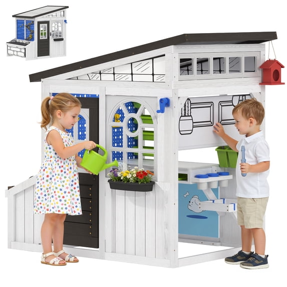 COCLUB Outdoor Playhouse, Wooden Playhouse with Pegboard Play Wall, Pretend Play Tool Shed with Workbench/Storage Box/Flower Pot/Birdcage, Outdoor Toy for Kids Girls Boys Ages 3+