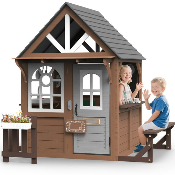 COCLUB Outdoor Playhouse with Kitchen, Name Plate and Pretend Phone, Large Wooden Playhouse for Kids Toddler Ages 3 , (62.99"W* 67.32"L)