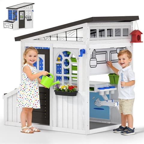 COCLUB Outdoor Playhouse with Workbench, Pegboard and Ball Track, Storage Shed Wooden Playhouse for Kids Toddler Ages 3+