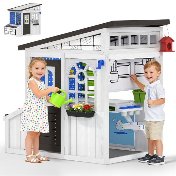 COCLUB Outdoor Playhouse with Workbench, Pegboard and Ball Track, Storage Shed Wooden Playhouse for Kids Toddler Ages 3+