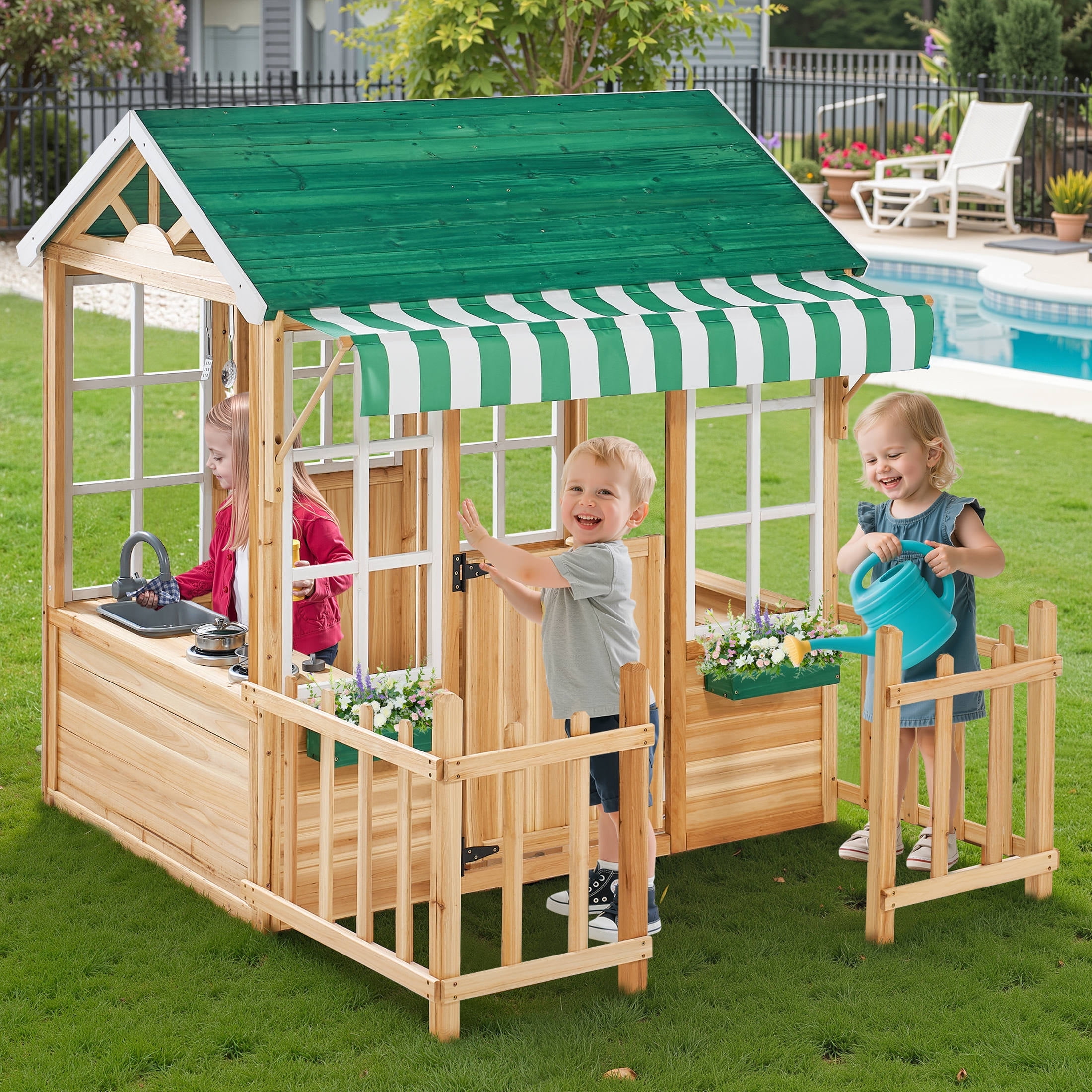 COCLUB Outdoor Wooden Playhouse for Kids Ages 4-8 – Durable