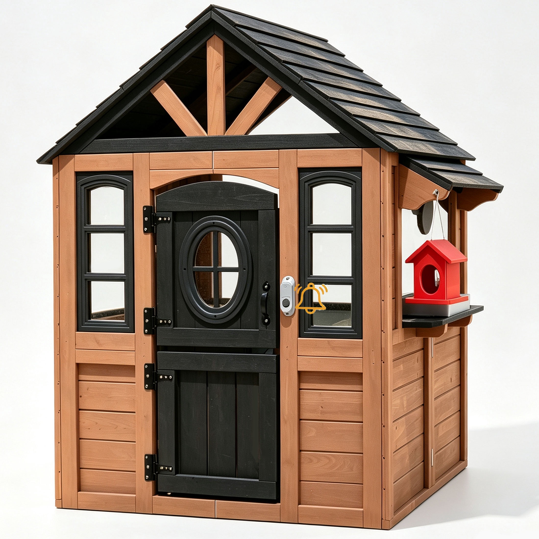 COCLUB Kids Outdoor Playhouse, Wooden Playhouse with Play Kitchen, Working Doorbell, Bird Cage, Pet Door, Backyard Casa de CampaA Para NiOs Country Style