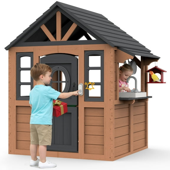COCLUB Kids Outdoor Playhouse, Wooden Playhouse with Play Kitchen, Working Doorbell, Bird Cage, Pet Door, Backyard Casa de CampañA Para NiñOs Country Style