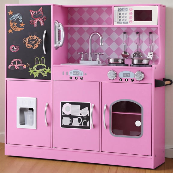 COCLUB Play Kitchen, Wooden Kids Kitchen Playset with Chalkboard, Ice Maker, Play Phone, Cookware Accessories, Microwave Toy Kitchen Gift for Boys Girls Age 3-8 Pink