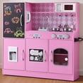 thumbnail image 1 of COCLUB Play Kitchen, Wooden Kids Kitchen Playset with Chalkboard, Ice Maker, Play Phone, Cookware Accessories, Microwave Toy Kitchen Gift for Boys Girls Age 3-8 Pink, 1 of 12