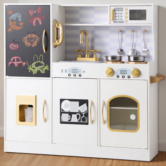 COCLUB Play Kitchen, Wooden Kids Kitchen Playset with Chalkboard, Ice Maker, Play Phone, Cookware Accessories, Microwave Toy Kitchen Gift for Boys Girls Age 3-8 White
