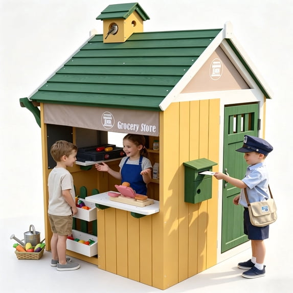 COCLUB Playhouse for Kids Outdoors, 2-in-1 Backyard Playhouse with Grocery Store and BBQ Grill Station, Cedar Wood, Green