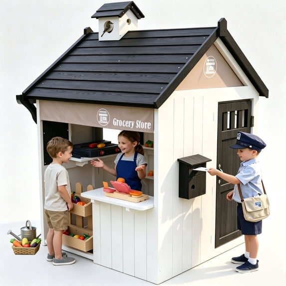 COCLUB Playhouse for Kids Outdoors, 2-in-1 Backyard Playhouse with Grocery Store and BBQ Grill Station, Cedar Wood, White