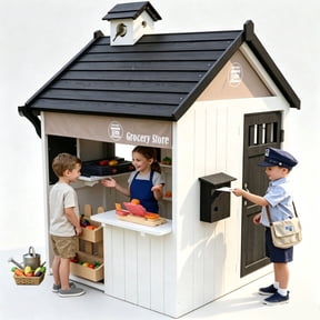 COCLUB Playhouse for Kids Outdoors, 2-in-1 Backyard Playhouse with Grocery Store and BBQ Grill Station, Cedar Wood, White