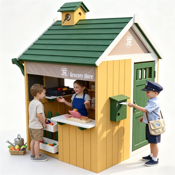 COCLUB Wooden Outdoor Playhouse for Kids, 2-In-1 Grocery Store and Backyard BBQ Grill, W/ Cash Register & Play Food Set, Cookware Accessories, Green