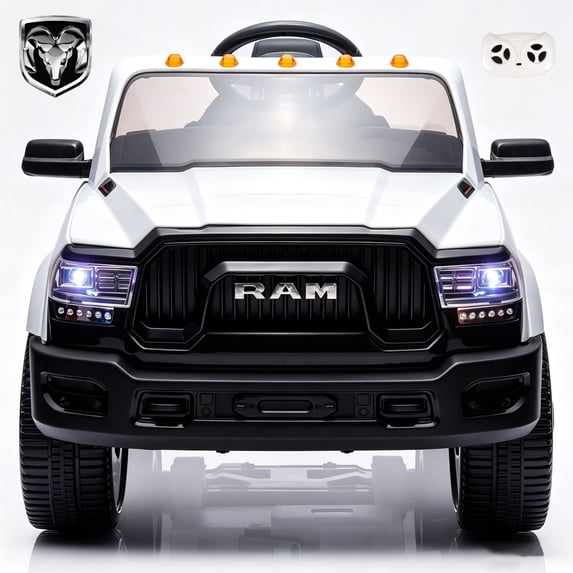 COCLUB RAM 2500 12V Electric Car for Kids, Ride on Toys W/Remote Control, Truck Bed Storage, Bluetooth, Music, Gift Pickup For Kids Aged 3-5, White