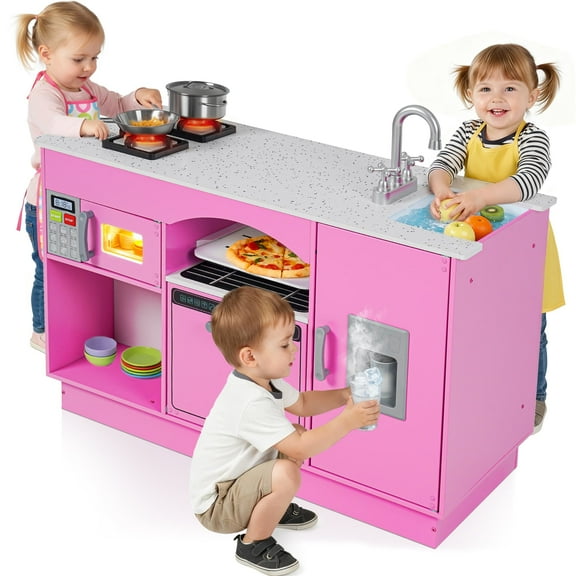 COCLUB Modern Wooden Play Kitchen Island for Kids, Pretend Play Center w/ Electronic Light & Sound Effects, Kids Kitchen Playset | Microwave, Washer, Ice Maker, Chalkboard & Accessories Included