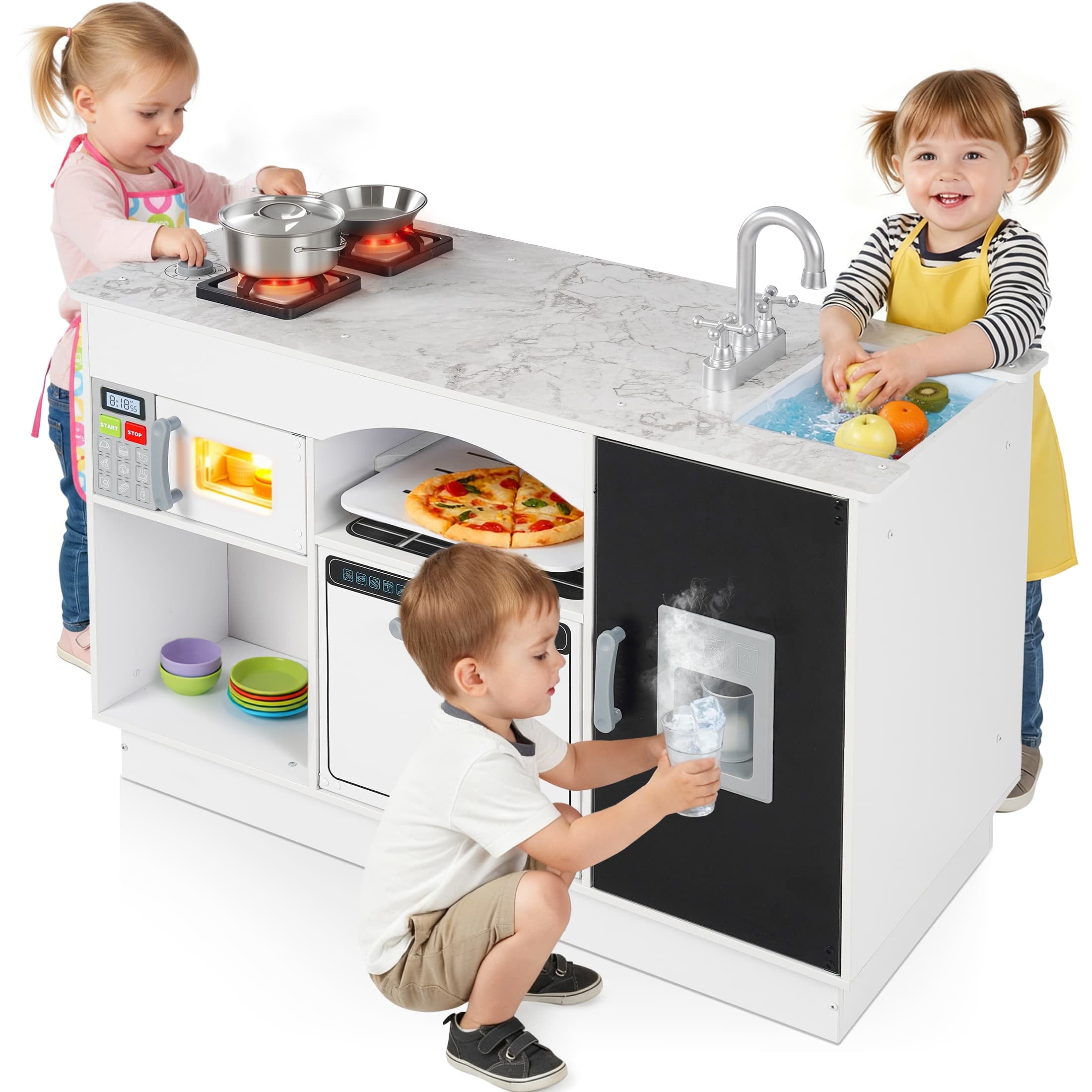 COCLUB Modern Wooden Play Kitchen Island for Kids, Pretend Play Center w/ Electronic Light & Sound Effects, Kids Kitchen Playset | Microwave, Washer, Ice Maker, Chalkboard & Accessories Included