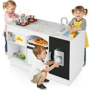 COCLUB Modern Wooden Play Kitchen Island for Kids, Pretend Play Center w/ Electronic Light & Sound Effects, Kids Kitchen Playset | Microwave, Washer, Ice Maker, Chalkboard & Accessories Included
