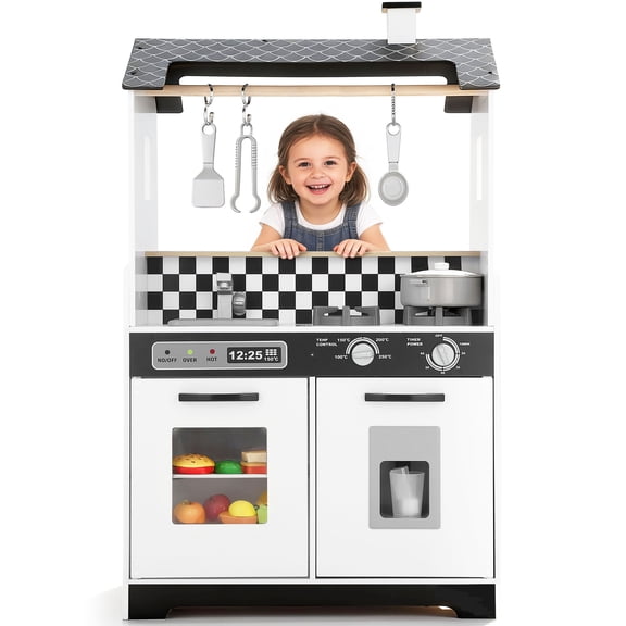 COCLUB 2-in-1 Wooden Play Kitchen & Laundry Center, Kids Kitchen Playset with Realistic Accessories for Pretend Play & Fine Motor Skills, Gift for 3-5 Year Olds