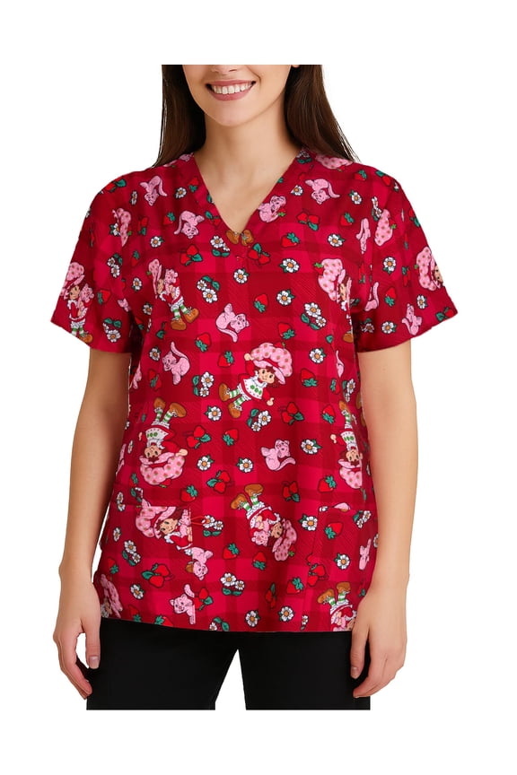 Strawberry Shortcake Womens Scrub Tops - Work Uniform Short Sleeve V Neck Tops for Women