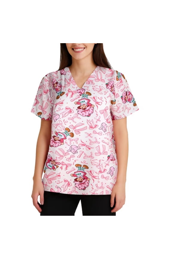 Strawberry Shortcake Womens Scrub Tops - Work Uniform Short Sleeve V Neck Tops for Women