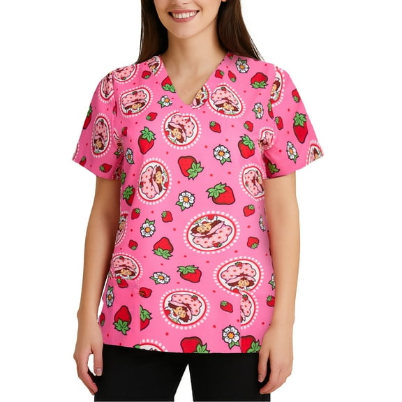COCO BRANDS Strawberry Shortcake Womens Scrub Tops - Work Uniform Short Sleeve V Neck Tops for Women