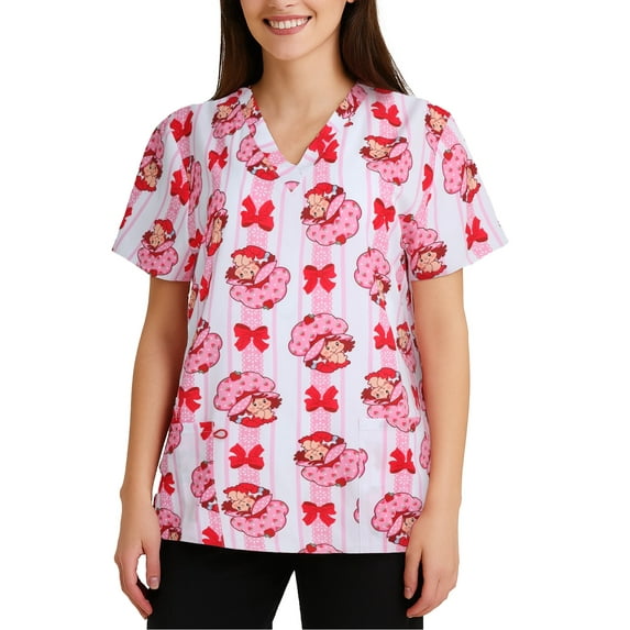 COCO BRANDS Strawberry Shortcake Womens Scrub Tops - Work Uniform Short Sleeve V Neck Tops for Women