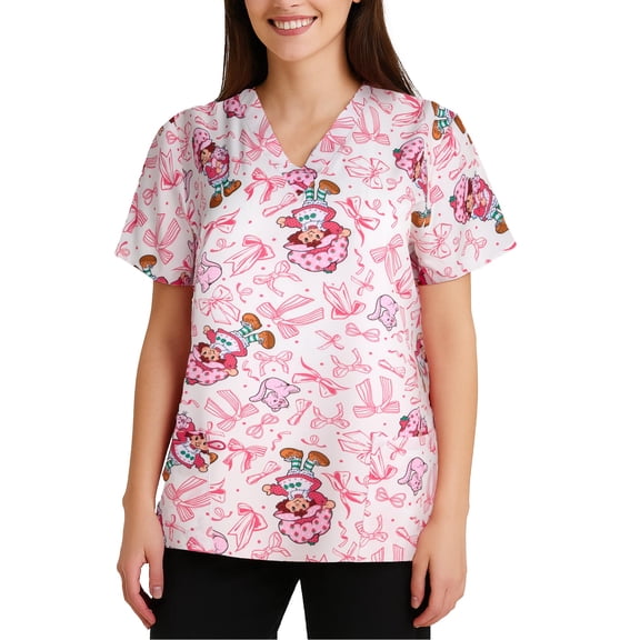 COCO BRANDS Strawberry Shortcake Womens Scrub Tops - Work Uniform Short Sleeve V Neck Tops for Women