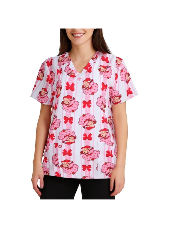 Strawberry Shortcake Womens Scrub Tops - Work Uniform Short Sleeve V Neck Tops for Women