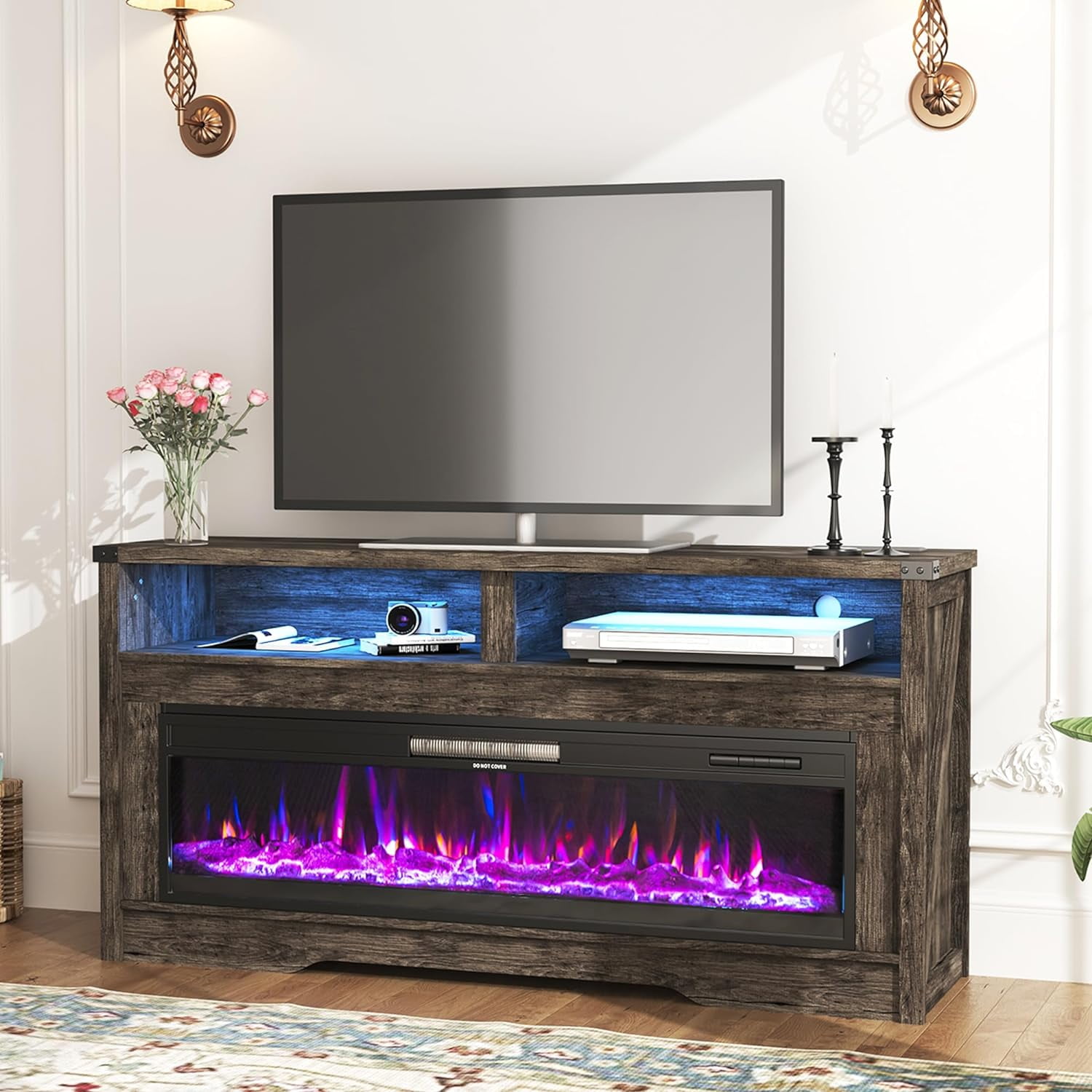 COCO DESIGN Fireplace TV Stand, Wood Texture 50" Electric Fireplace