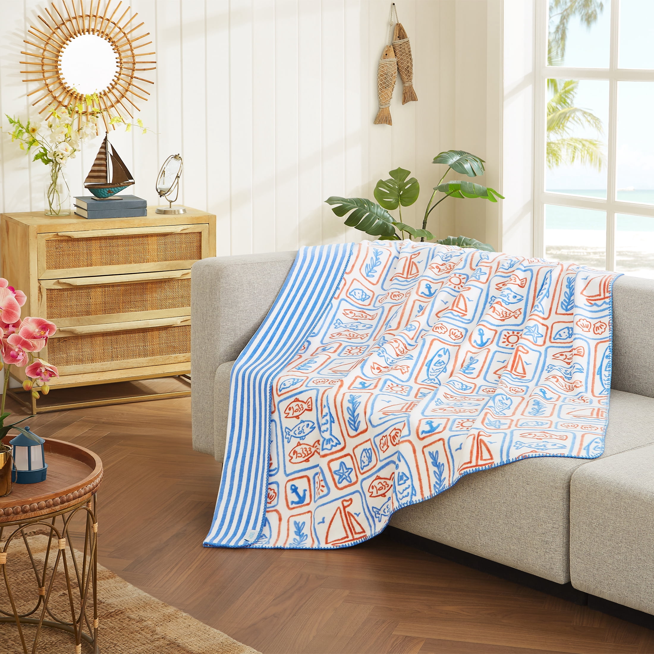 Coastal Living Throw Blanket, Reversible Plush Fleece Blanket for
