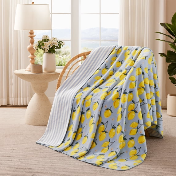 Coastal Living Throw Blanket, Reversible Plush Fleece Blanket for Couch, Yellow Lemons, Oversize Throw