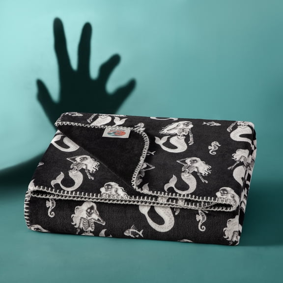 Boo-tique Soft Throw Blanket, Plush Fleece Blanket, Halloween Mermaids, Black, 50" x 72"