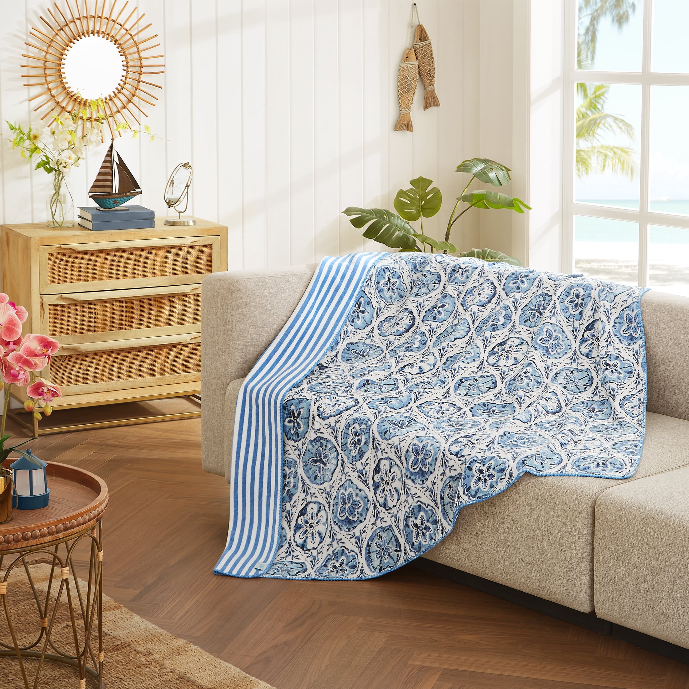 Coastal Living Throw Blanket, Reversible Plush Fleece Blanket for