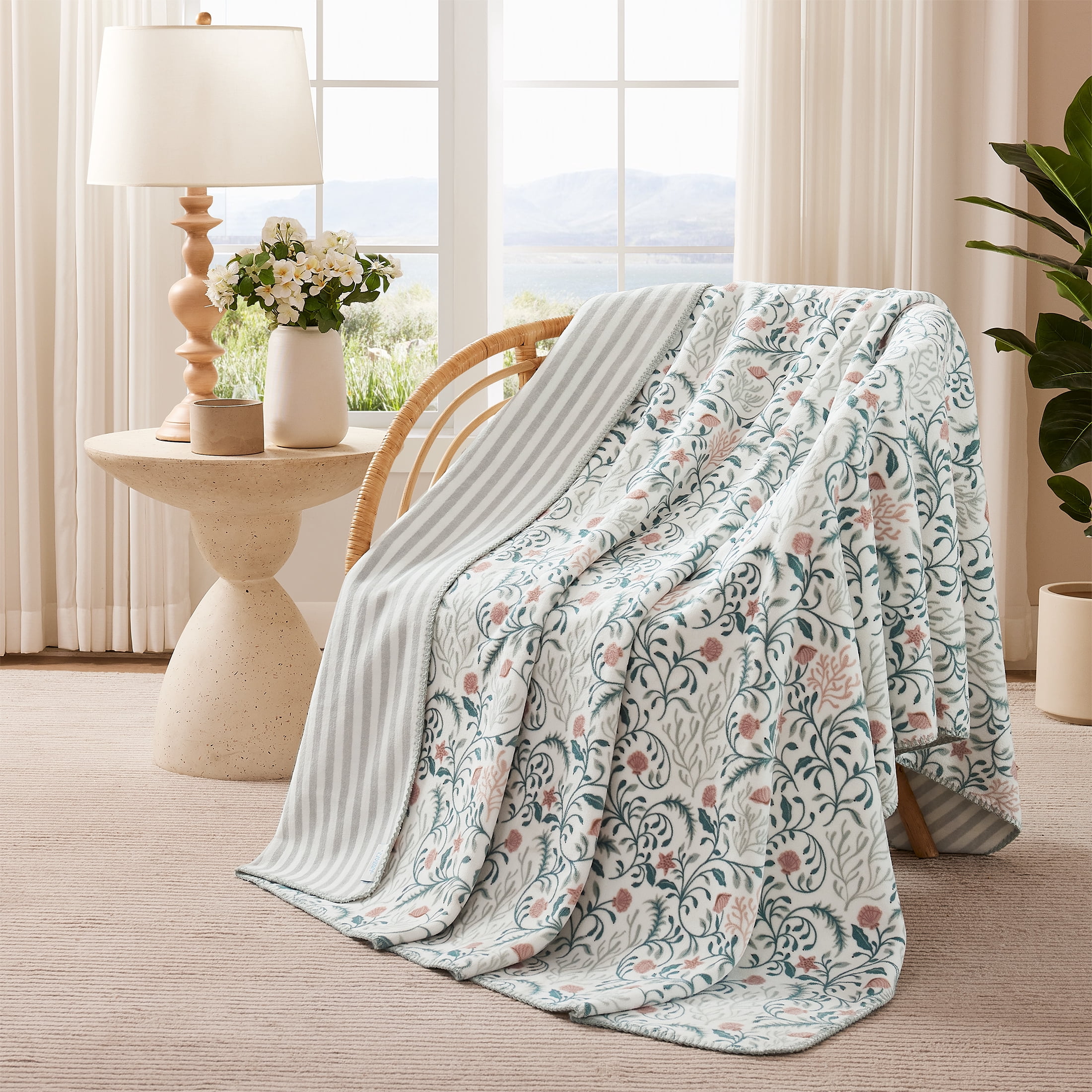 Coastal Living Throw Blanket, Reversible Plush Fleece Blanket for