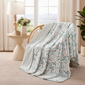 Coastal Living Throw Blanket, Reversible Plush Fleece Blanket for Couch, Green Seaberry Print, 50" x 72"