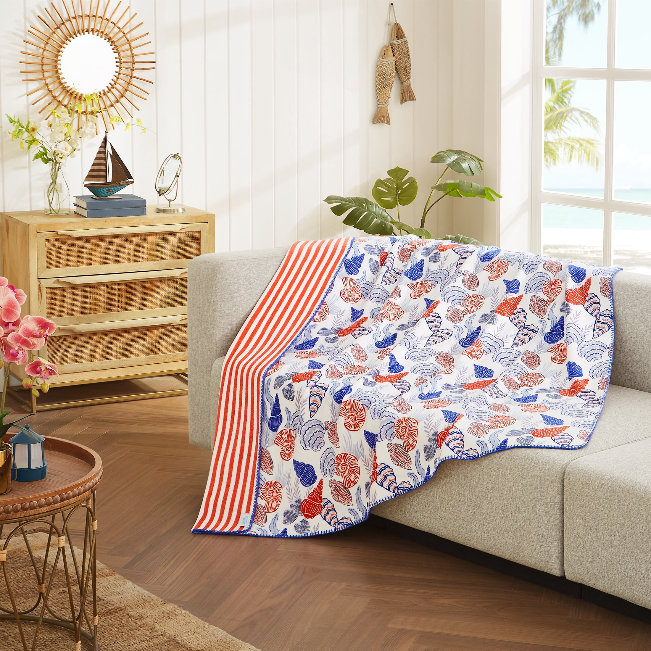 Coastal Living Throw Blanket, Reversible Plush Fleece Blanket for