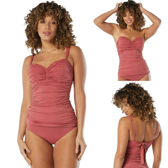 COCO REEF Bra Sized Tankini Top Charisma Strapless Shirred Swim Top, Lava Coral, 40C