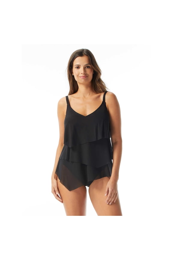 Flourish Tankini Top - Ruffle Bra Sized Black Swim Tank Top, 34D