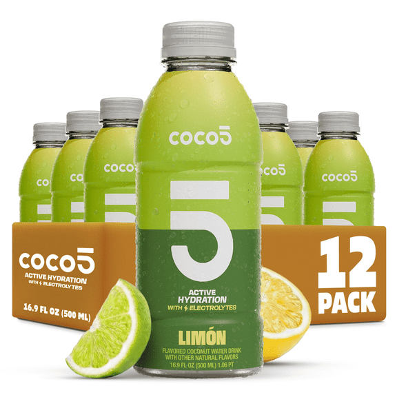 COCO5 Limon Coconut Water, Active Hydration Citrus Lime Electrolyte Drink, 50% Less Sugar, Caffeine Free, Vegan, 16.9 oz, 12 Count