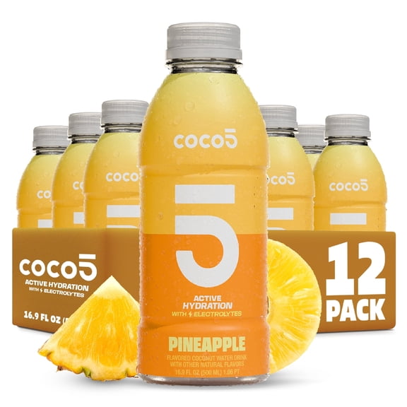 COCO5 Pineapple Coconut Water, Active Hydration Electrolyte Drink, 50% Less Sugar, Caffeine Free, Vegan, 16.9 oz, 12 Count
