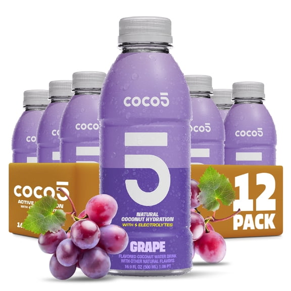 COCO5 Grape Coconut Water, Active Hydration Electrolyte Drink, 50% Less Sugar, Caffeine Free, Vegan, 16.9 oz, 12 Count