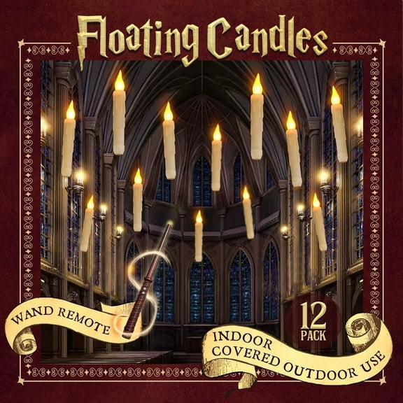 COCOBELA 12 Pcs Floating Candles with Wand, Magic Hanging Candles Flameless, Flickering Warm Light LED Taper Candle with Wand Remote, Battery Operated Window Candle for Halloween Witch Wizzard Decor