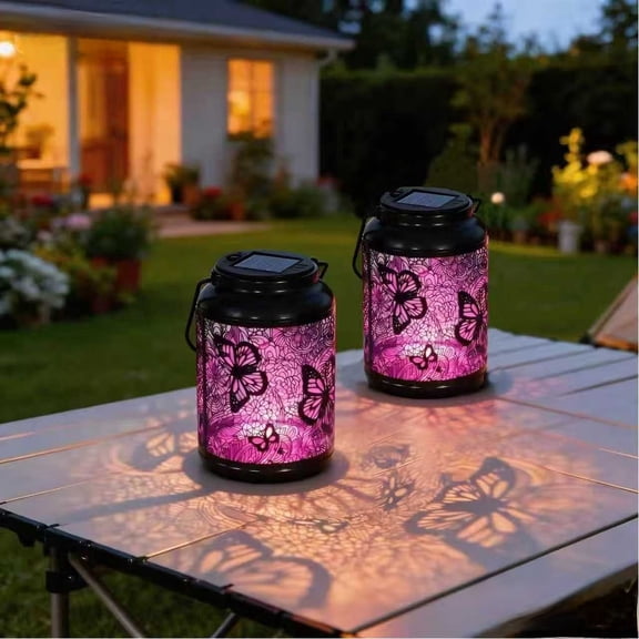 COCOBELA 2 Pack Butterfly Solar Lanterns Outdoor Hanging, Hollowed-Out Metal Waterproof LED Garden Decor Light for Patio Yard Pathway Lawn Front Porch, Christmas Thanksgiving Birthday Gifts for Women
